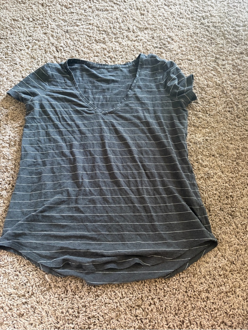 lululemon athletica Dark Gray and White Striped V-Neck Tee